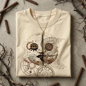 Pode incluir: Camiseta creme com um gr&aacute;fico de tema celestial com um design de meia face, um olho e padr&otilde;es circulares. Um colar de ouro com um pingente pende sobre a camisa. A camisa &eacute; dobrada sobre uma superf&iacute;cie cinza com galhos e barras de metal.