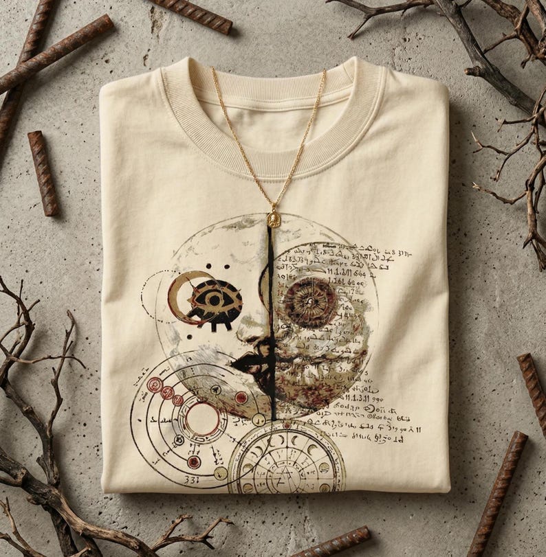 Pode incluir: Camiseta creme com um gr&aacute;fico de tema celestial com um design de meia face, um olho e padr&otilde;es circulares. Um colar de ouro com um pingente pende sobre a camisa. A camisa &eacute; dobrada sobre uma superf&iacute;cie cinza com galhos e barras de metal.