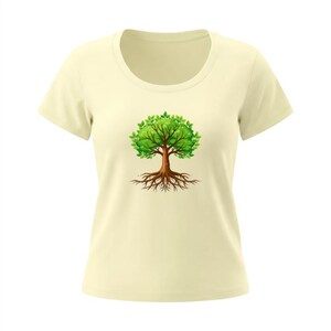May include: A light yellow t-shirt featuring a detailed illustration of a tree. The tree has a brown trunk and roots, with vibrant green leaves. The shirt has a scoop neck and short sleeves.