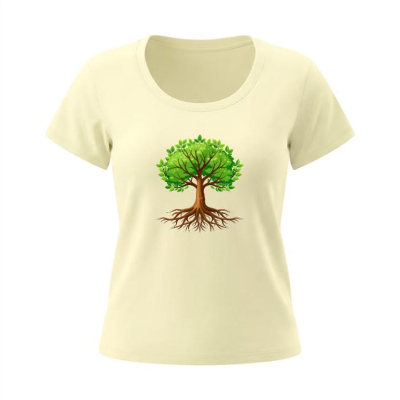 May include: A light yellow t-shirt featuring a detailed illustration of a tree. The tree has a brown trunk and roots, with vibrant green leaves. The shirt has a scoop neck and short sleeves.
