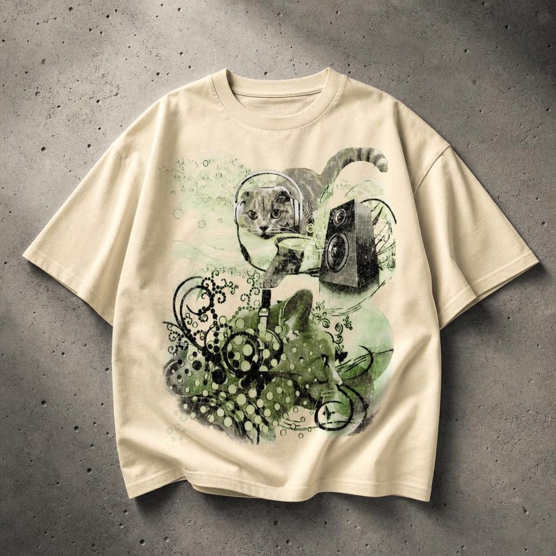 May include: A cream-colored short-sleeve t-shirt featuring a graphic print of a cat wearing headphones next to a speaker. The design includes green circular patterns, swirling black lines, and abstract shapes layered over the feline illustration.