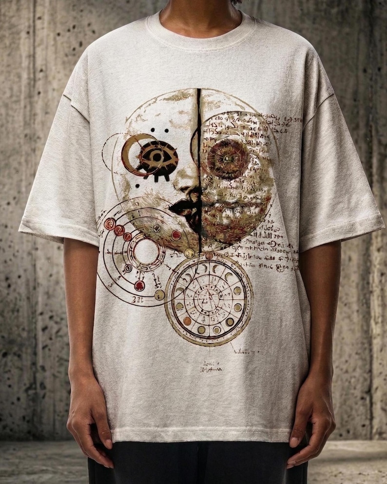 Pode incluir: Camiseta cinza claro oversized com um gr&aacute;fico detalhado de um design celestial. O design inclui um rosto de meia-lua, engrenagens e elementos circulares com escrita. A camisa tem mangas curtas e gola redonda.