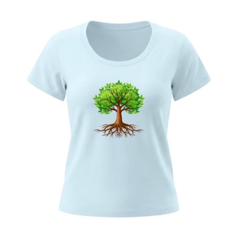 May include: Light blue t-shirt with a round neck and short sleeves. The shirt features a graphic of a tree with green leaves and brown roots. The tree design is centered on the front of the shirt.