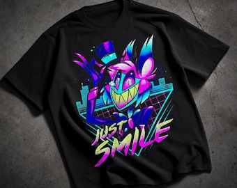Camiseta Alastor, Arte de Fã de Hazbin Hotel, Camiseta com Estampa Neon, Roupa Retrô Synthwave