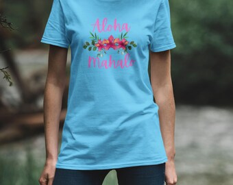 Aloha Mahalo Floral Cotton Tee: Beachy Hawaiian T-Shirt