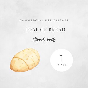 May include: A digital graphic featuring a watercolor-style illustration of a golden-brown loaf of bread with visible scoring lines. The text reads COMMERCIAL USE CLIPART, LOAF OF BREAD, clipart pack, and 1 IMAGE inside a white circle.