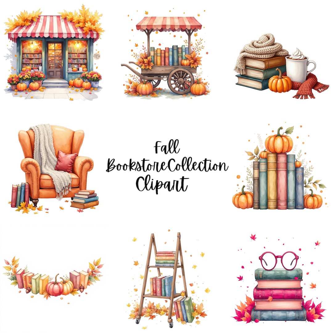 Fall Bookstore Signs Fall Bookstore Clipart Bundle - Cozy Bookshop Aesthetic PNG - Autumn ...
