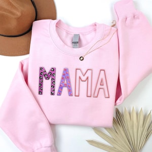 Mama Embroidered Leopard Sweatshirt | Simple Mama Pullover, Gift for Mom, Personalized Cheetah Mama Shirt, Mama Applique Sweatshirt,