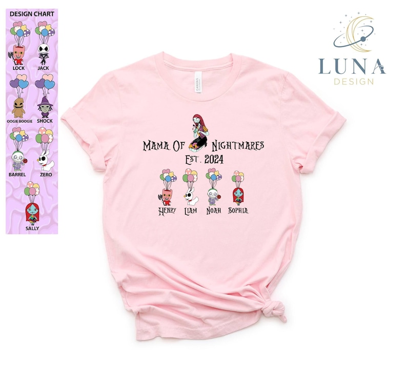 Mama Of Nightmares Shirt, Personalized Mom Tee, Custom Disney Shirt, Disney Mom T-Shirt, Mothers Day Tee, Kids Names Tee, Scary Sally Shirt image 1