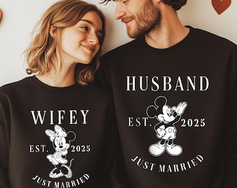 Disney Wifey and Husband Matching Shirts, Just Married Mickey Minnie Tee, Colorful 2025 Honeymoon Couple Gift Shirt for Newlyweds
