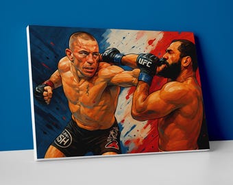 May include: Canvas art print depicting a dynamic UFC fight scene. Two muscular fighters are engaged in combat, one throwing a punch. The artwork features a vibrant color palette with red, blue, and white hues, and the UFC logo is visible on the gloves.