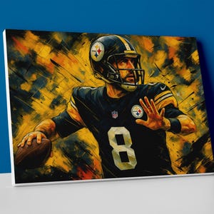 May include: Canvas art print of a football player in a black and gold uniform, with the number 8 visible. The player is throwing a football, set against a yellow and black abstract background. The Pittsburgh Steelers logo is on the helmet.