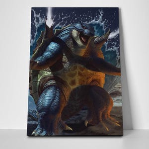 May include: A blue and brown turtle-like creature with a fierce expression, standing on a rocky surface with water splashing around it. The creature has a large shell and sharp claws.