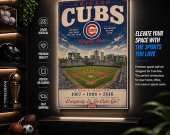 Chicago Cubs Stadium Poster or Canvas, Baseball Wall Art, Wrigley Field Art, Man Cave Decor