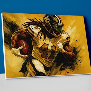May include: Canvas art print of a football player in a gold and black uniform, number 41, running with the ball. The player is wearing a helmet with a green visor. The background is yellow with black brushstrokes.