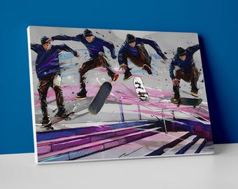May include: Canvas art print depicting a skateboarder in motion, captured in four sequential poses. The artwork features a dynamic composition with a gray background, splashes of color, and the skater wearing a blue top and black beanie.