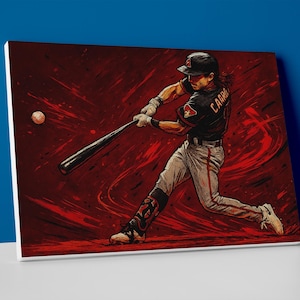 May include: A canvas print featuring a baseball player in action, swinging a bat. The artwork has a dynamic, painterly style with a red and black color scheme. The player is wearing a black jersey with the name "CAARR" visible.