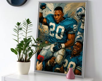 Può includere: Una stampa artistica incorniciata raffigurante un giocatore di football americano con una maglia blu con il numero 20. L'opera d'arte raffigura il giocatore sollevato dai compagni di squadra, con un casco visibile sullo sfondo. L'arte ha uno stile acquerello.
