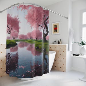 Japanese Cherry Blossom Shower Curtains, Nature Lovers Bathroom Decor, Pink Floral Blossom Bath Decor, Sakura Tree Shower Curtain