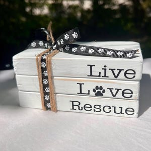 Live Love Rescue Mini Wooden Book Stack | Dog Lover Farmhouse Decor | Pet Adoption Gift | Rustic Tiered Tray Accent