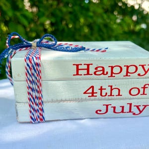 Happy 4th of July | Patriotic Wooden Book Stack | Tiered Tray Decor | Farmhouse Shelf Sitter | Red White Blue Decor