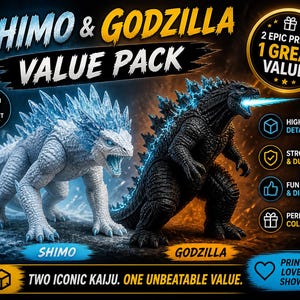 以下が含まれることがあります： 2つの象徴的な怪獣のフィギュアをフィーチャーしたバリューパック：白と青の氷をテーマにした生き物であるシモと、黒と青の火を吹くモンスターであるゴジラ。画像には「Shimo & Godzilla Value Pack」と「Two Iconic Kaiju. One Unbeatable Value.」というテキストが含まれています。