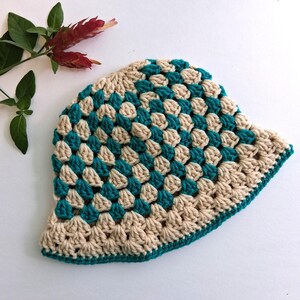 Bob à mailles vert sarcelle blanc grand-mère, chapeau d'été au crochet, RTS