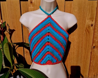 Crochet Striped Halter Top: Retro Boho Beach Crop Top