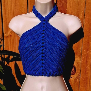 Crochet Dark Blue Halter Top, Retro Summer Top, Beach Wear, Boho Festival Top Adjustable Tie Back RTS