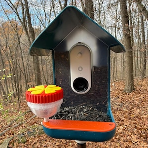 May include: A bird feeder with a built-in camera, featuring a teal roof and base, a silver interior, and a white camera. The feeder has a clear plastic seed container filled with black seeds and a red and yellow flower-shaped feeder.