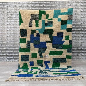 Handmade Moroccan Wool Rug: Abstract Berber Design, Green & Blue