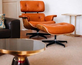 Sillón y otomana de estilo moderno de mediados de siglo – Piel de primera calidad, madera contrachapada de nogal, base giratoria