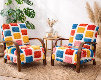 Handgefertigter Beni Ourain Sessel - Nussbaum Holzrahmen, Bunter Berber Stil Lounge Sessel