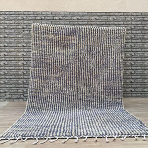 Handwoven Beni-Style Wool Rug: Blue & Cream Geometric Berber Carpet