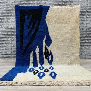 Abstract Beni Ourain Wool Rug: Blue & Cream Moroccan Tribal Art