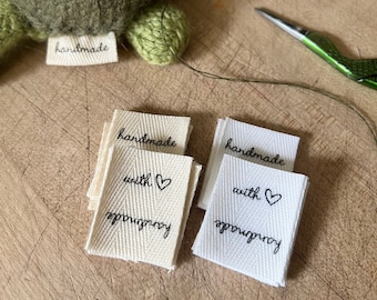 ReadyShip 'handmade | with <3' 1 Inch Printed Cotton Twill Labels: SPOOL or CUT - Natural/White