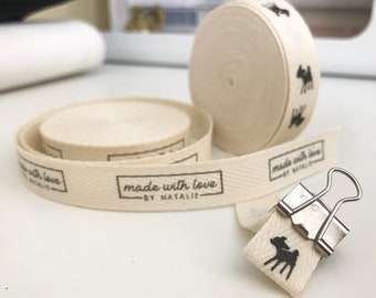 Custom (0.5 inch) Printed Cotton Twill Ribbon Labels: Flat or Folded, Sew-in SPOOL - Natural/White