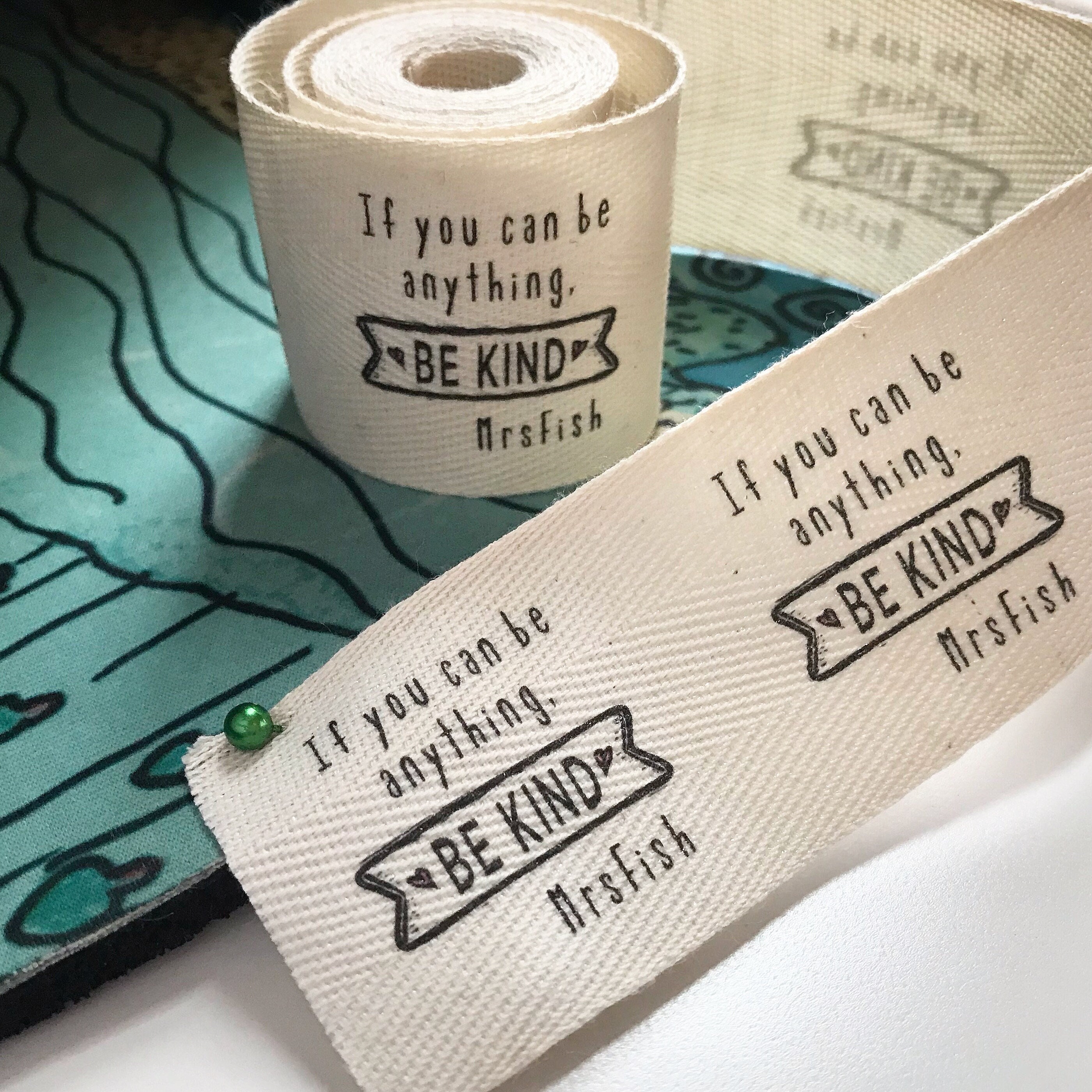 Custom (1.25 inch) Printed Cotton Twill Ribbon Labels: Flat or Folded, Sew-in SPOOL - Natural/White