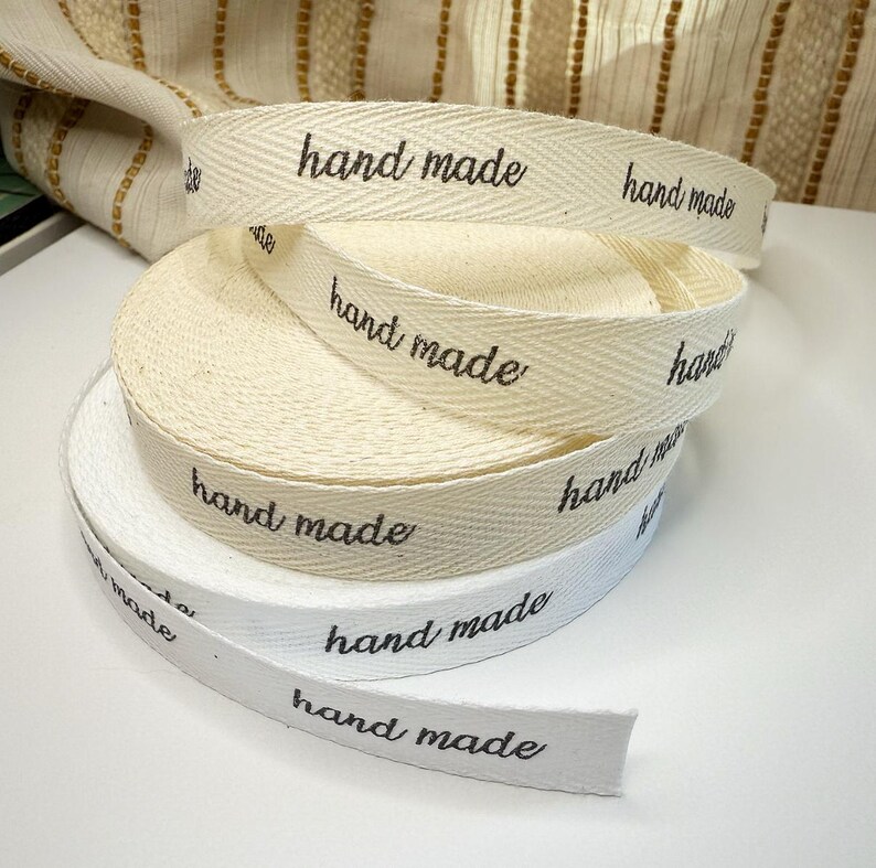 ReadyShip 'hand made' 1/2" Printed Cotton Twill Labels: SPOOL or CUT - Natural/White image 4