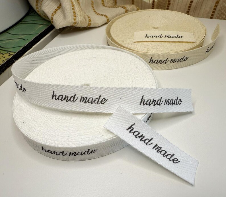ReadyShip 'hand made' 1/2" Printed Cotton Twill Labels: SPOOL or CUT - Natural/White image 2