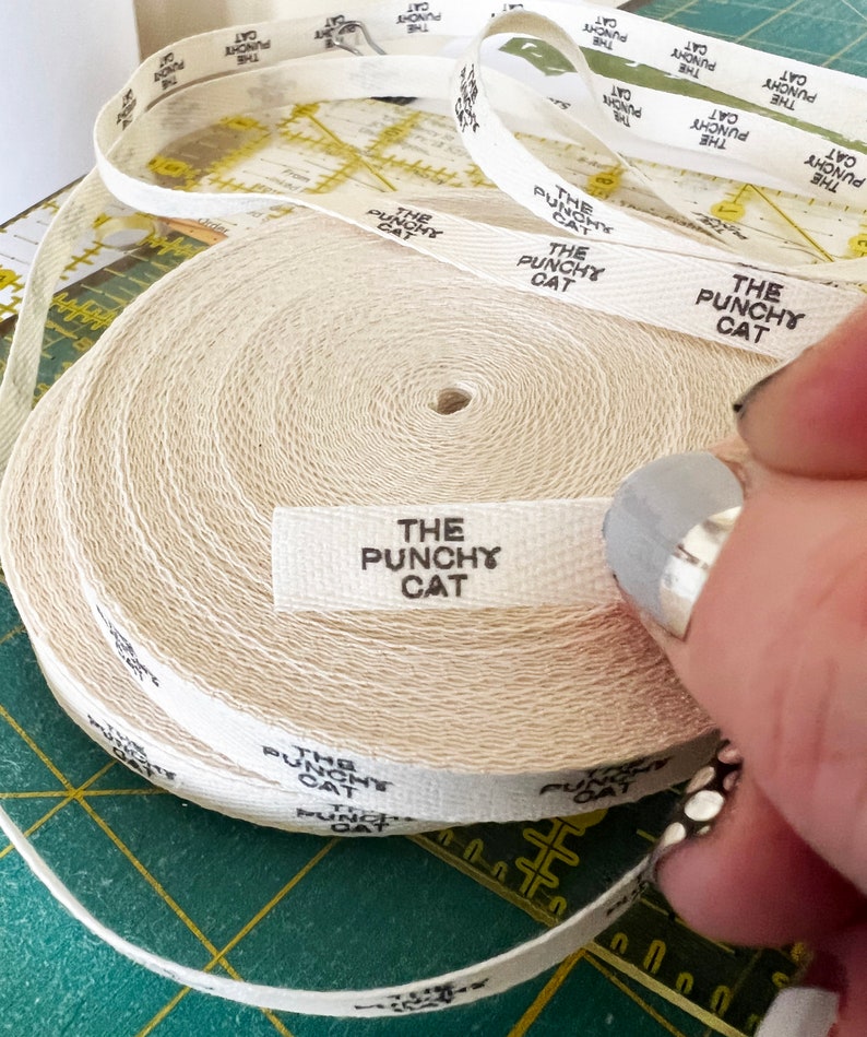 CUSTOM 0.375 Inch SPOOL Twill Ribbon Flat or Folded, Printed Sew-in Fabric Label natural or white image 3