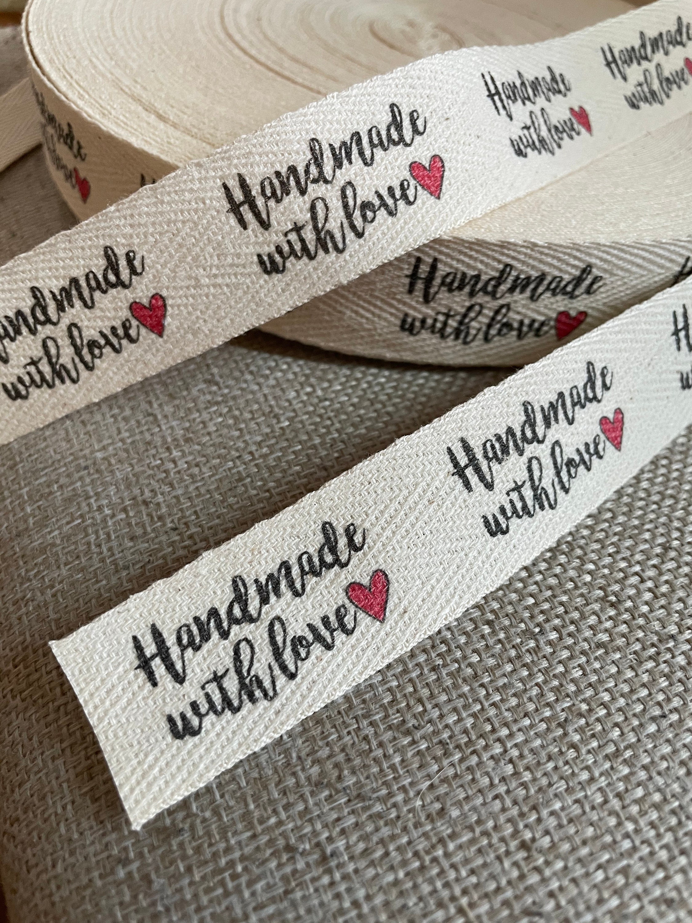 READY TO SHIP - Twill, One Inch Ribbon, Yardage - Printed Sew-in Fabric Label (natural or white) 'Handmade with love'