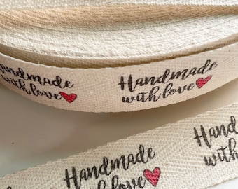 READY TO SHIP - Twill, One Inch Ribbon, Yardage - Printed Sew-in Fabric Label (natural or white) 'Handmade with love'