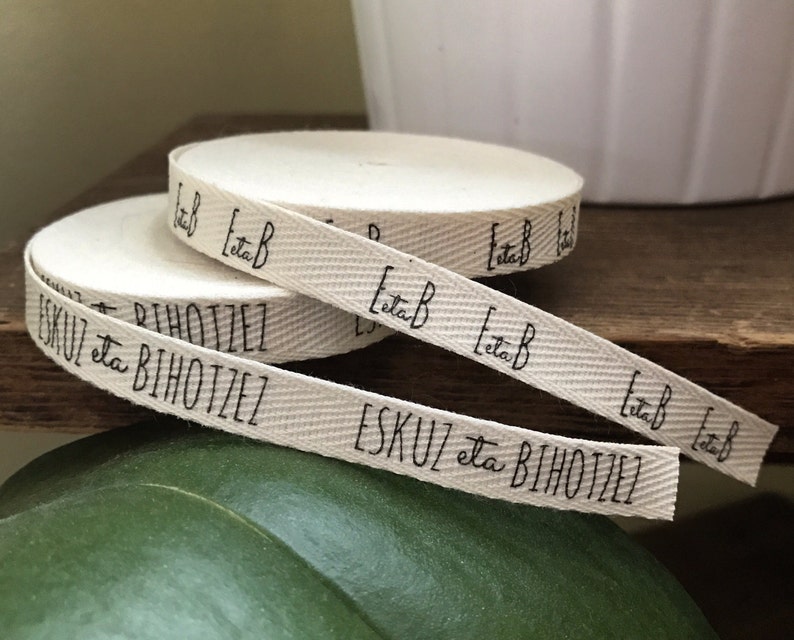 CUSTOM 0.375 Inch SPOOL Twill Ribbon Flat or Folded, Printed Sew-in Fabric Label natural or white image 10