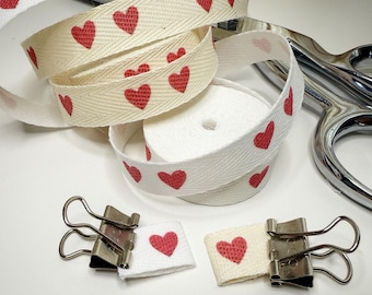 ReadyShip '<3' (red heart) 1/2" Printed Cotton Twill Labels: SPOOL or CUT - Natural/White