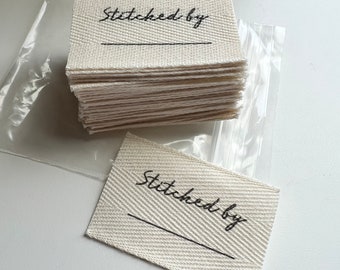 READY TO SHIP - Twill, 1.25 Inch pre-cut Ribbon (32 labels)  ‘Stitched by ____________’