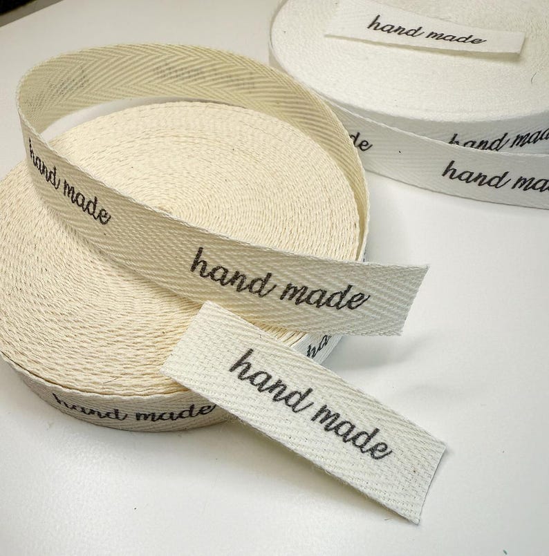 ReadyShip 'hand made' 1/2" Printed Cotton Twill Labels: SPOOL or CUT - Natural/White image 1