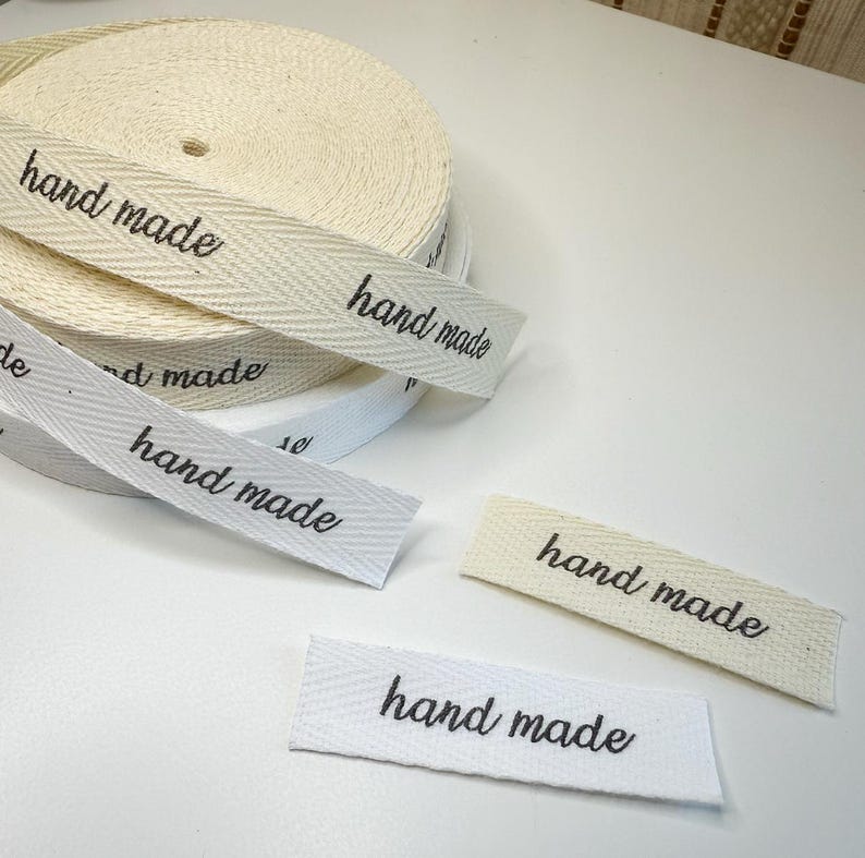 ReadyShip 'hand made' 1/2" Printed Cotton Twill Labels: SPOOL or CUT - Natural/White image 3