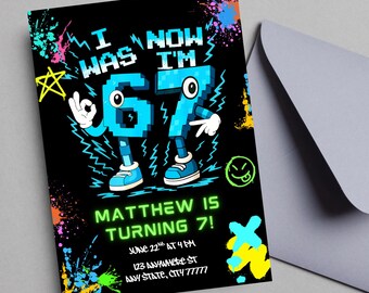 編集可能な67歳の誕生日招待状：Bruh Six Seven Party 67歳の誕生日招待状 7歳の誕生日（編集可能、即時ダウンロード）