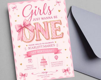 EDITABLE Girls Just Wanna Be One Birthday Invitation Girl 1st Birthday Invitation, First Birthday Invite Girl Birthday Printable DIGITAL GW1